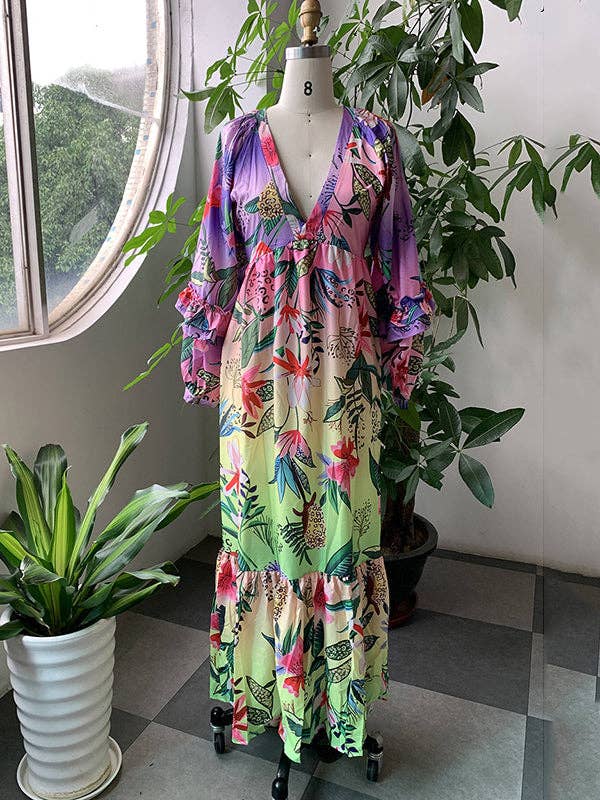 Bishop Sleeve High Waisted Flower Print Pleated Ruffled Split-Joint Deep V-Neck Maxi Dresses: YELLOW