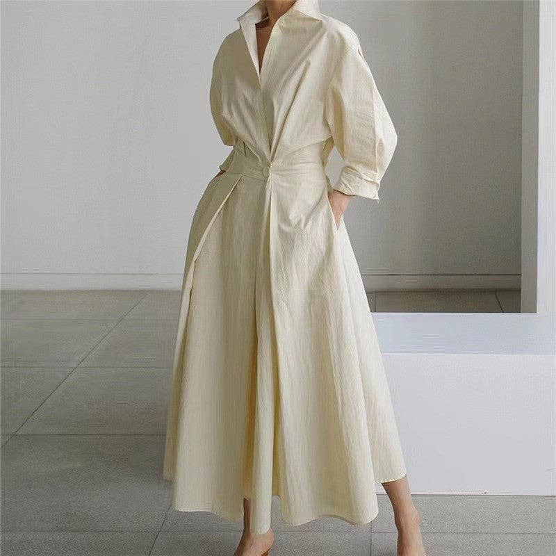 Stylish Polo Neck Loose Fit Midi Dress: GREEN