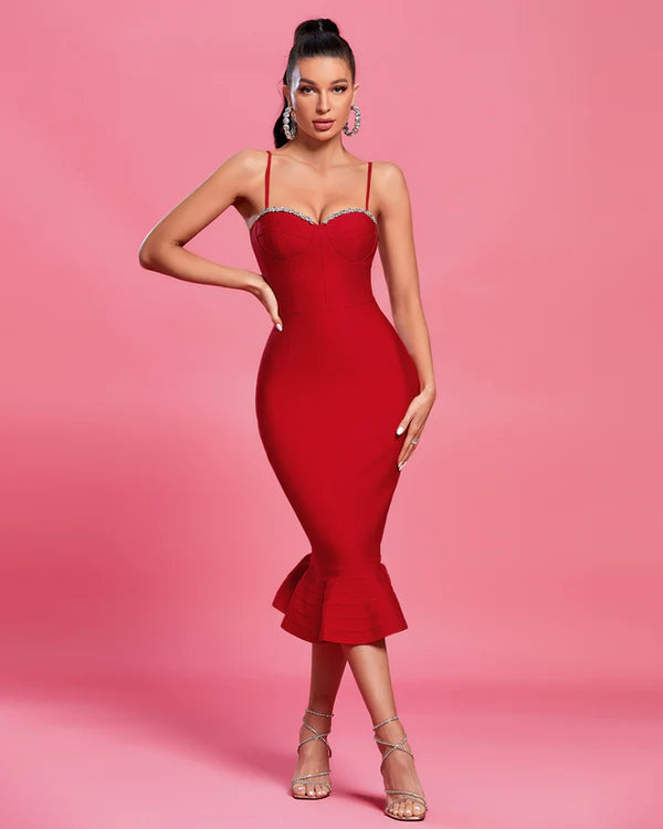 Red Crystal Strap Midi Dress