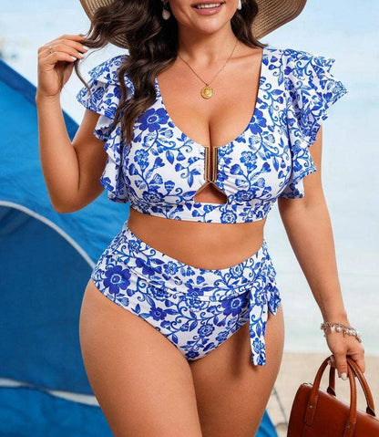 Plus Size Floral Ruffle Sleeve Bikini Set: Blue / 2XL