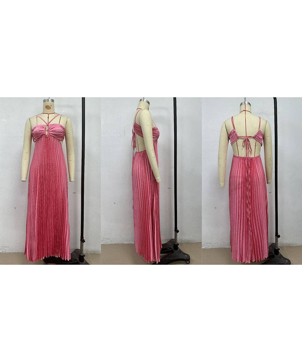 Plunging Halter Pleated Maxi Dress: Yellow / XL