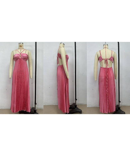 Plunging Halter Pleated Maxi Dress: Yellow / XL