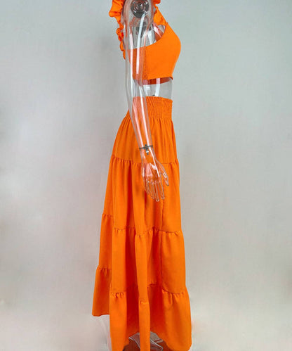 Halter Neck Crop Top Maxi Set: Pink blue / 2XL