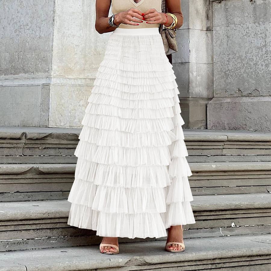 A-Line High Waisted Solid Color Tulle Skirts Bottoms: Apricot / XL