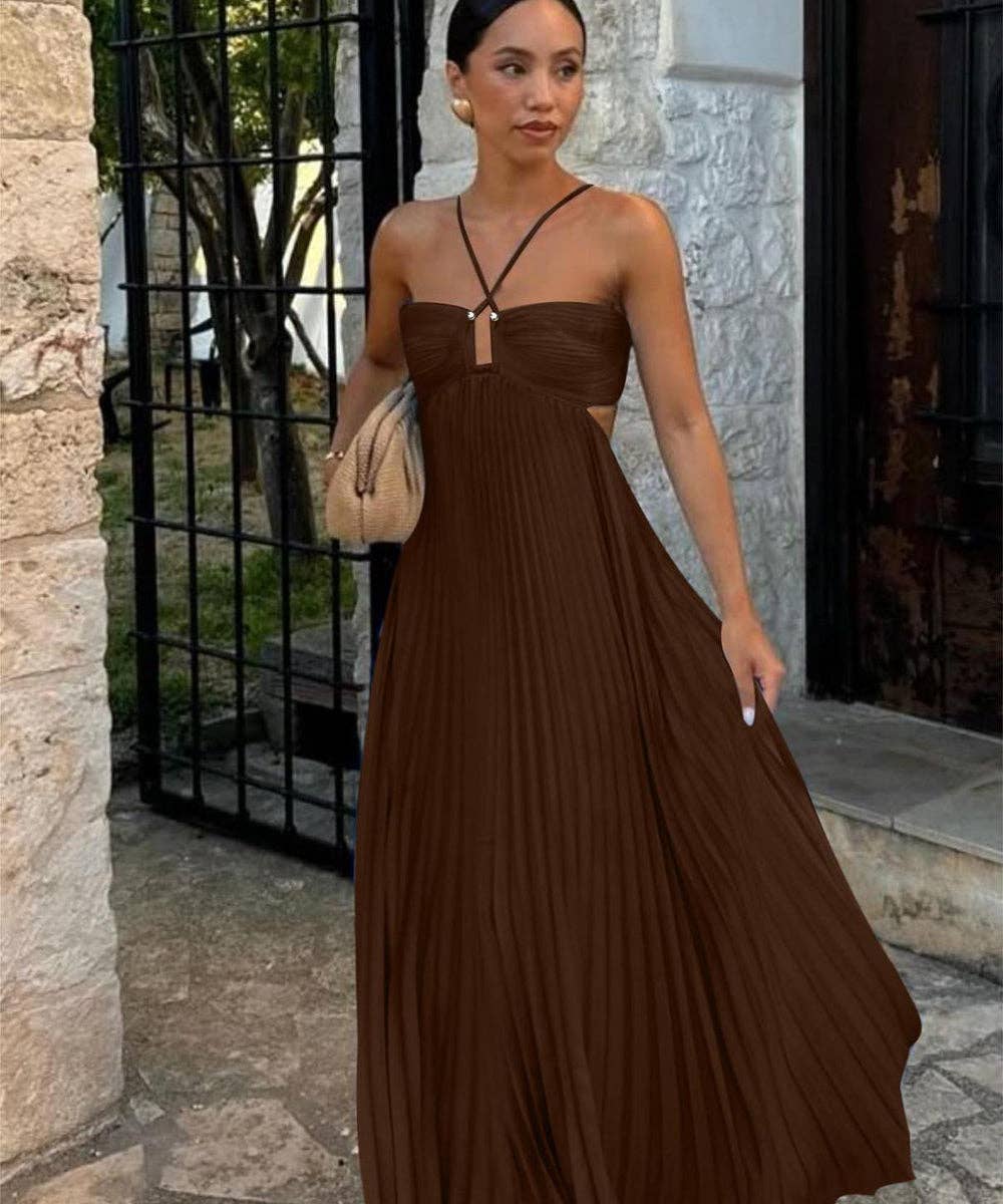 Plunging Halter Pleated Maxi Dress: Yellow / XL