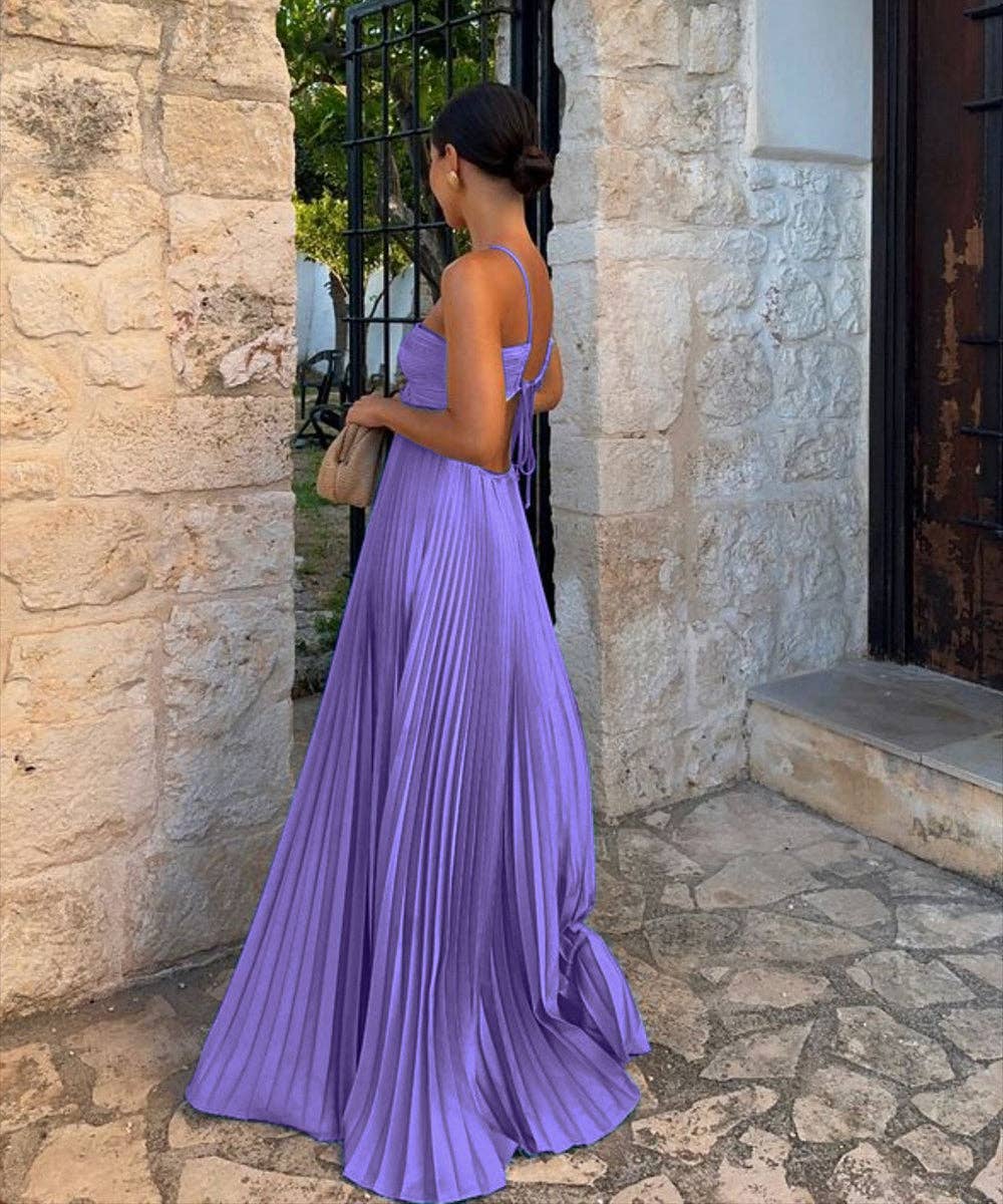 Plunging Halter Pleated Maxi Dress: Yellow / XL