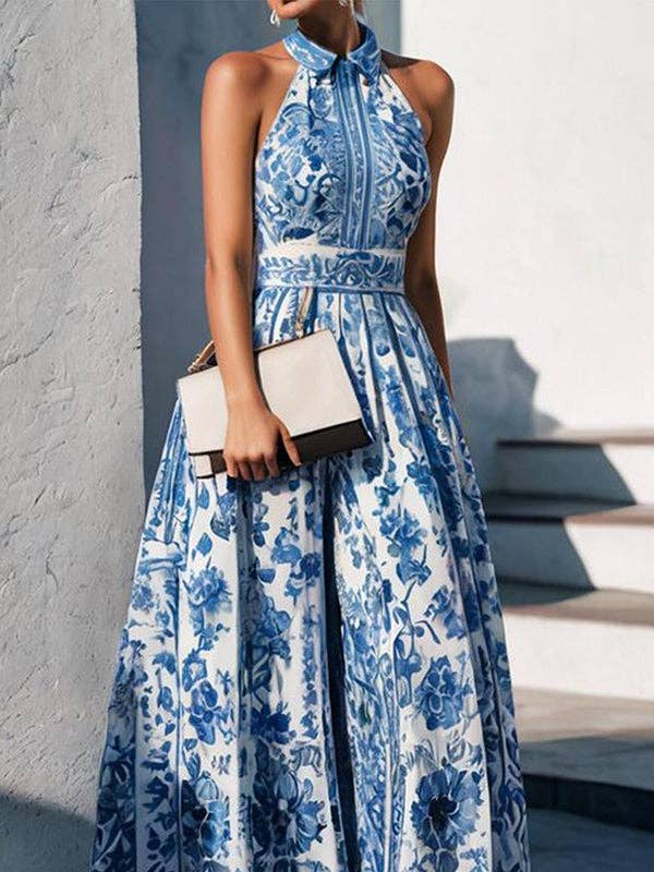 Floral Print A-Line Maxi Dress with Split Lapel - Loose Fit: BLUE