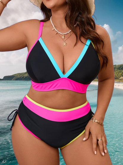 Plus Size Color Block V Neck Bikini Set High Waisted: Black / 3XL