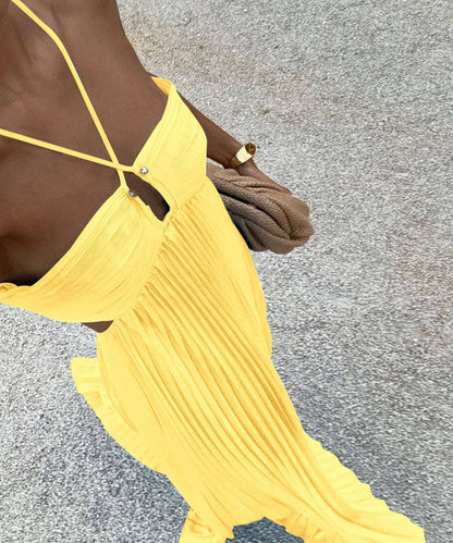 Plunging Halter Pleated Maxi Dress: Yellow / XL