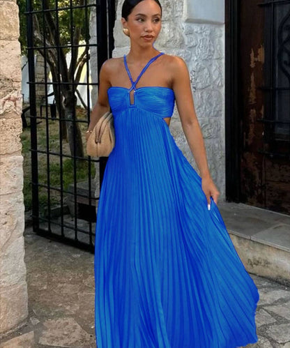 Plunging Halter Pleated Maxi Dress: Yellow / XL