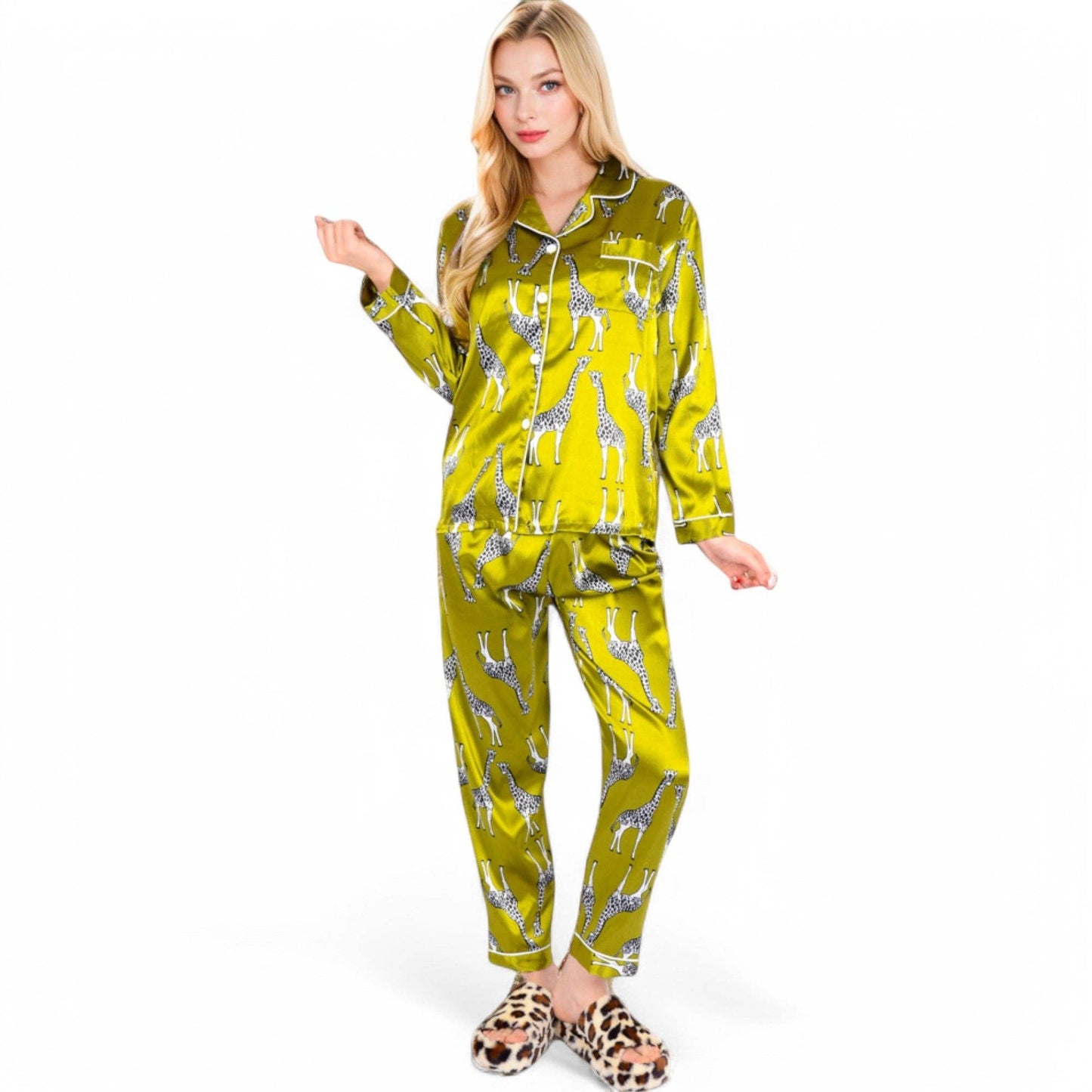 Satin Pajama Set with Giraffe Print and Button-Down Top: Yellow / Large 12-14