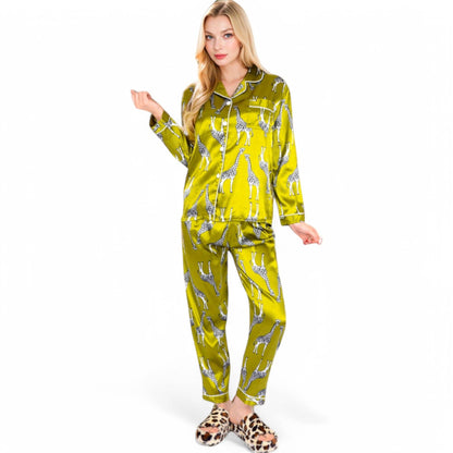 Satin Pajama Set with Giraffe Print and Button-Down Top: Yellow / Small 4-6