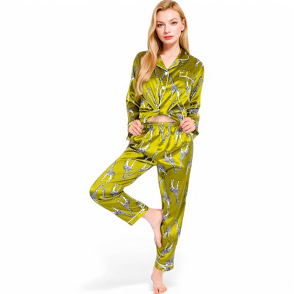 Satin Pajama Set with Giraffe Print and Button-Down Top: Yellow / X-Large 16-18