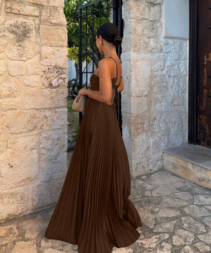 Plunging Halter Pleated Maxi Dress: Yellow / XL