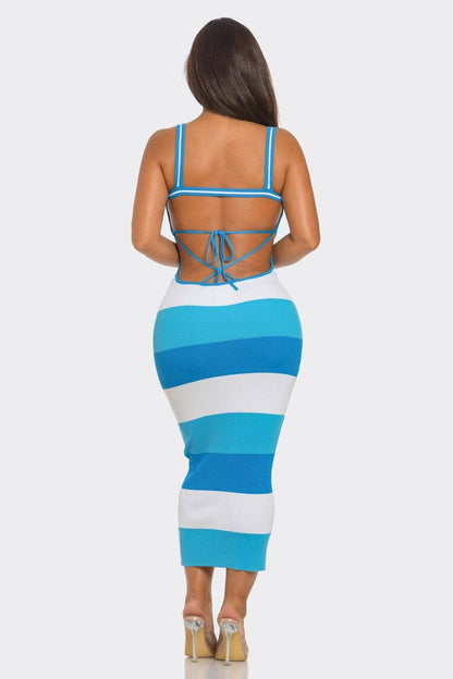 Multi Stripe Stretchy Knit Midi Dress: Blue