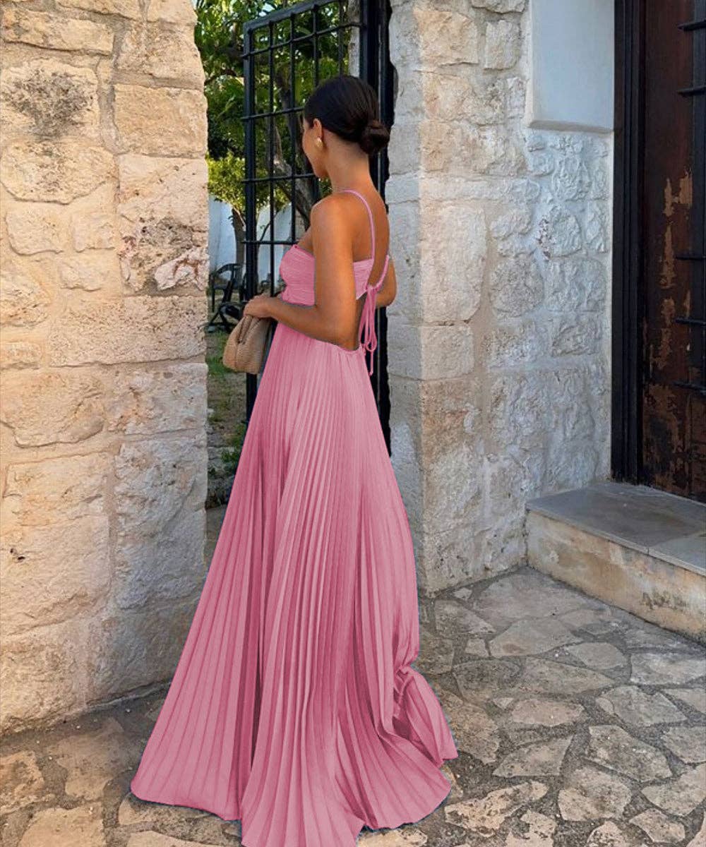 Plunging Halter Pleated Maxi Dress: Yellow / XL