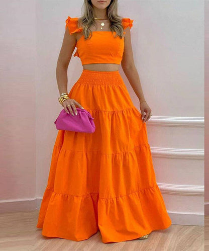 Halter Neck Crop Top Maxi Set: Pink blue / 2XL
