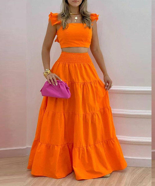Halter Neck Crop Top Maxi Set: Orange / 2XL