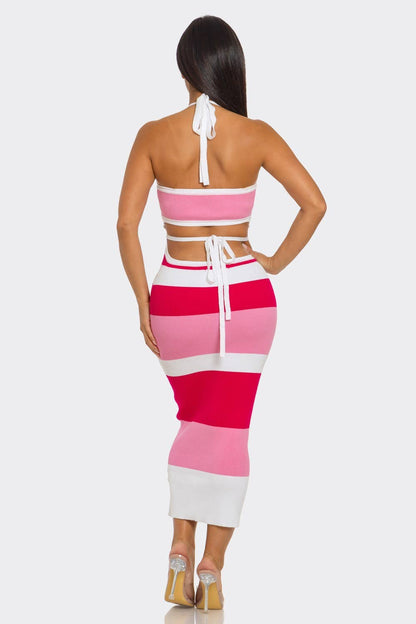 Back Up Stripe Halter Midi Dress : Pink / S