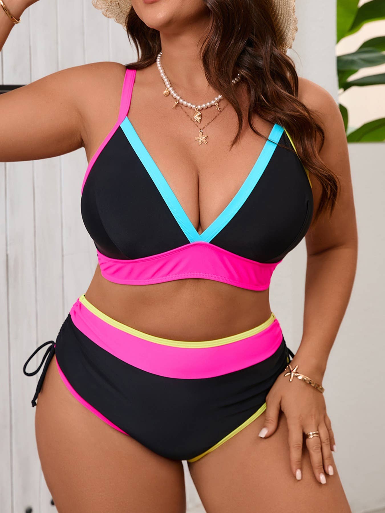 Plus Size Color Block V Neck Bikini Set High Waisted: Black / 1XL