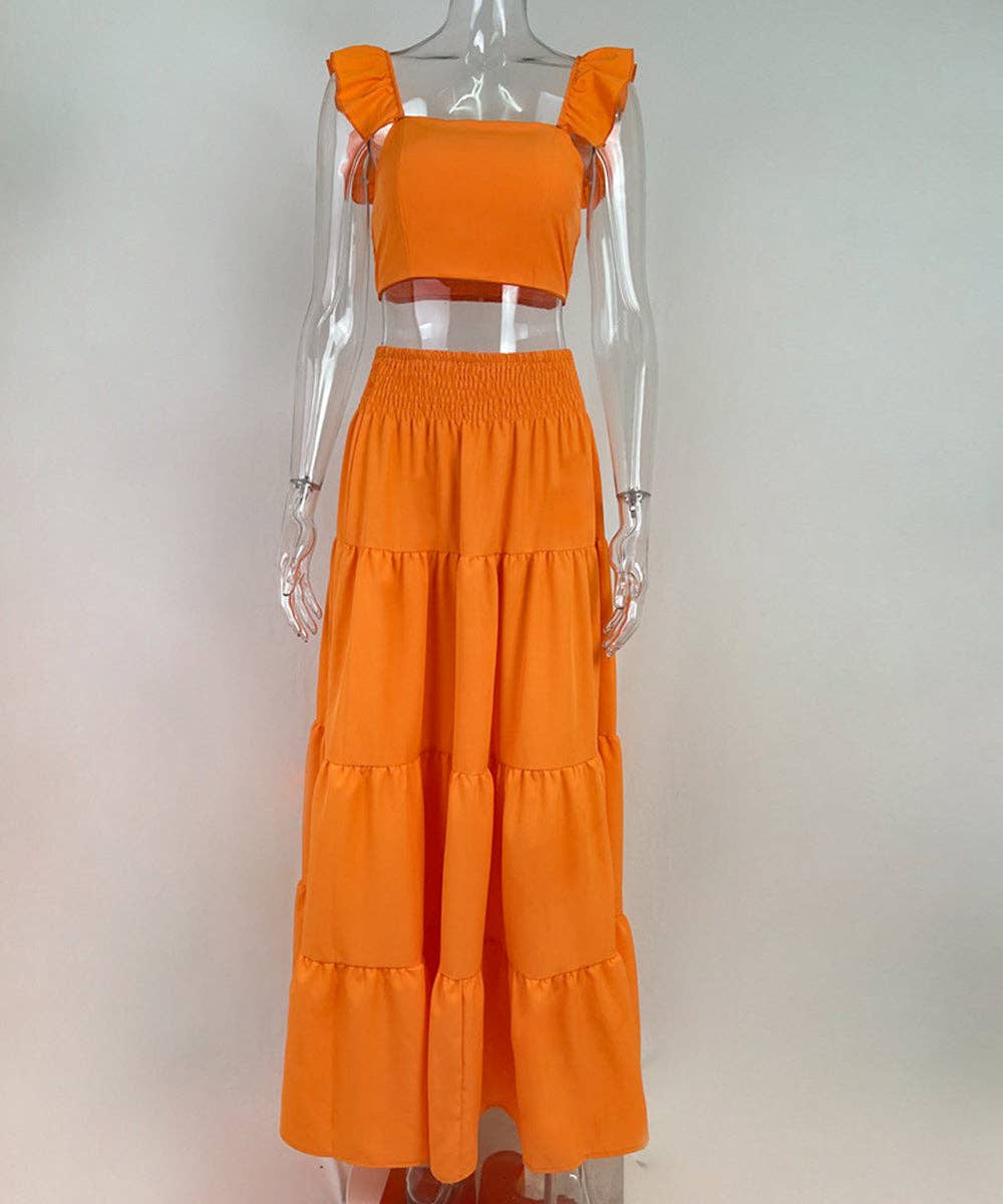 Halter Neck Crop Top Maxi Set: Orange / 2XL