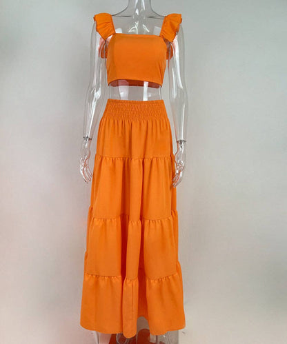 Halter Neck Crop Top Maxi Set: Orange / 2XL