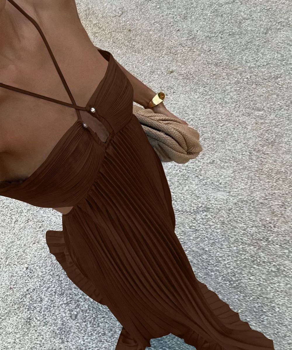 Plunging Halter Pleated Maxi Dress: Yellow / XL