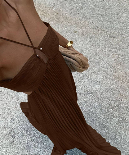 Plunging Halter Pleated Maxi Dress: Yellow / XL