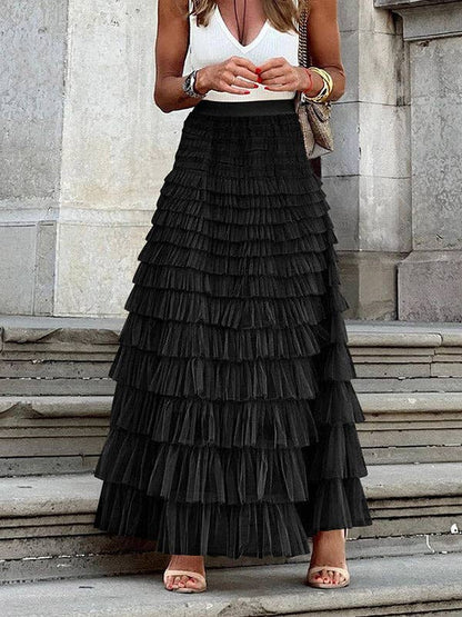 A-Line High Waisted Solid Color Tulle Skirts Bottoms: BLACK / XL