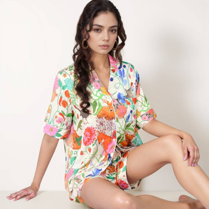 Short Sleeve Button Front Satin Pajama Set with Woodland Pri: Light Beige / Large 12-14