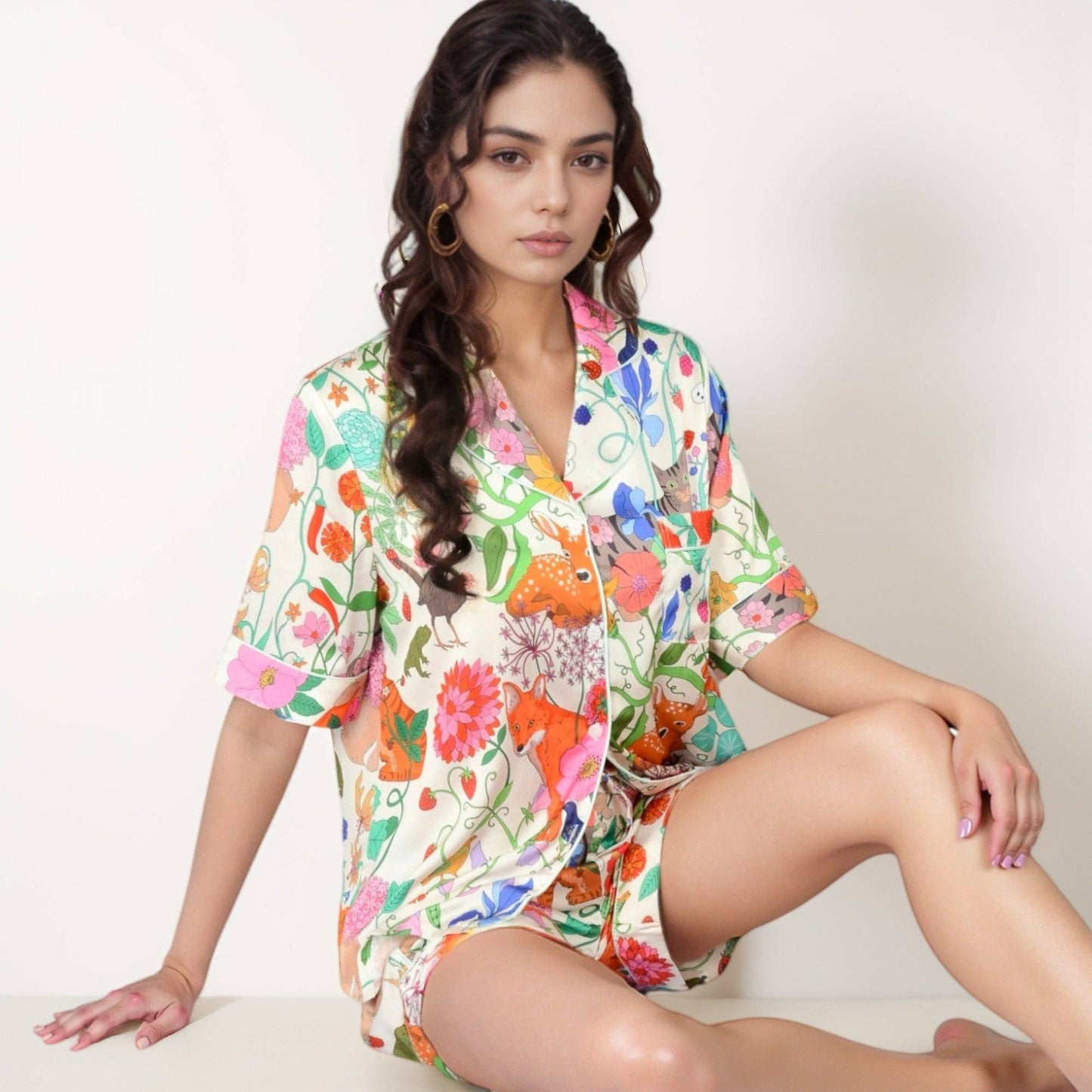 Short Sleeve Button Front Satin Pajama Set with Woodland Pri: Light Beige / Medium 8-10