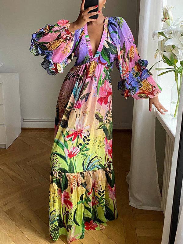 Bishop Sleeve High Waisted Flower Print Pleated Ruffled Split-Joint Deep V-Neck Maxi Dresses: YELLOW