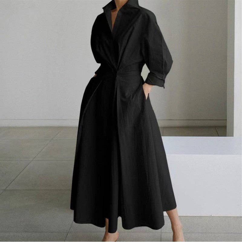 Stylish Polo Neck Loose Fit Midi Dress: GREEN