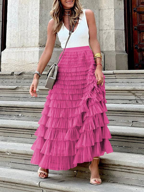 A-Line High Waisted Solid Color Tulle Skirts Bottoms: White / XL