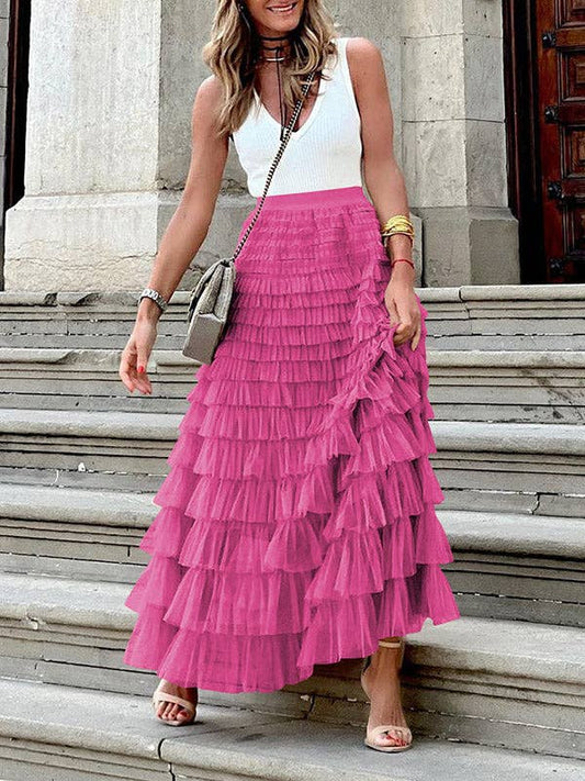 A-Line High Waisted Solid Color Tulle Skirts Bottoms: FUCHSIA / XL
