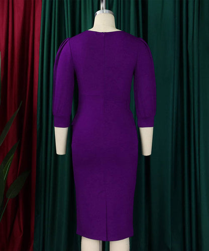 Round Neck Bodycon Midi Dress: Purple / L