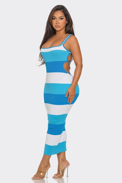 Multi Stripe Stretchy Knit Midi Dress: Blue
