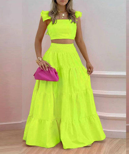 Halter Neck Crop Top Maxi Set: Green / 2XL