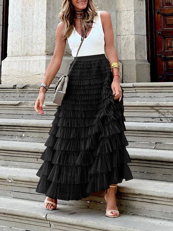 A-Line High Waisted Solid Color Tulle Skirts Bottoms: White / XL