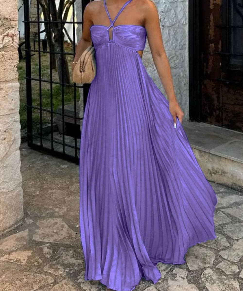 Plunging Halter Pleated Maxi Dress: Yellow / XL