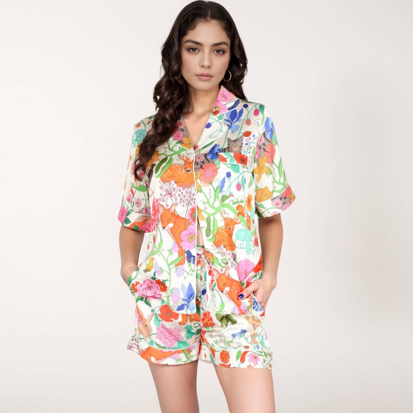 Short Sleeve Button Front Satin Pajama Set with Woodland Pri: Light Beige / Medium 8-10