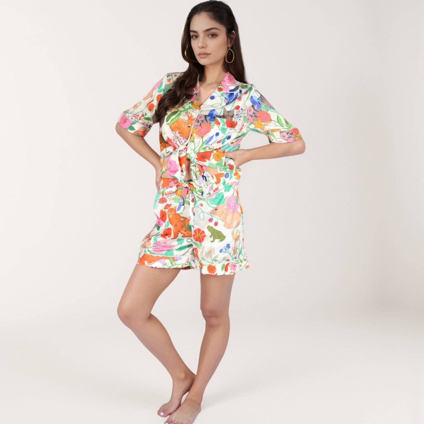 Short Sleeve Button Front Satin Pajama Set with Woodland Pri: Light Beige / Medium 8-10