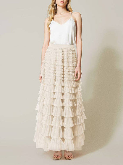 A-Line High Waisted Solid Color Tulle Skirts Bottoms: White / XL