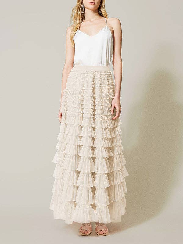 A-Line High Waisted Solid Color Tulle Skirts Bottoms: Apricot / XL