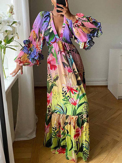 Bishop Sleeve High Waisted Flower Print Pleated Ruffled Split-Joint Deep V-Neck Maxi Dresses: YELLOW