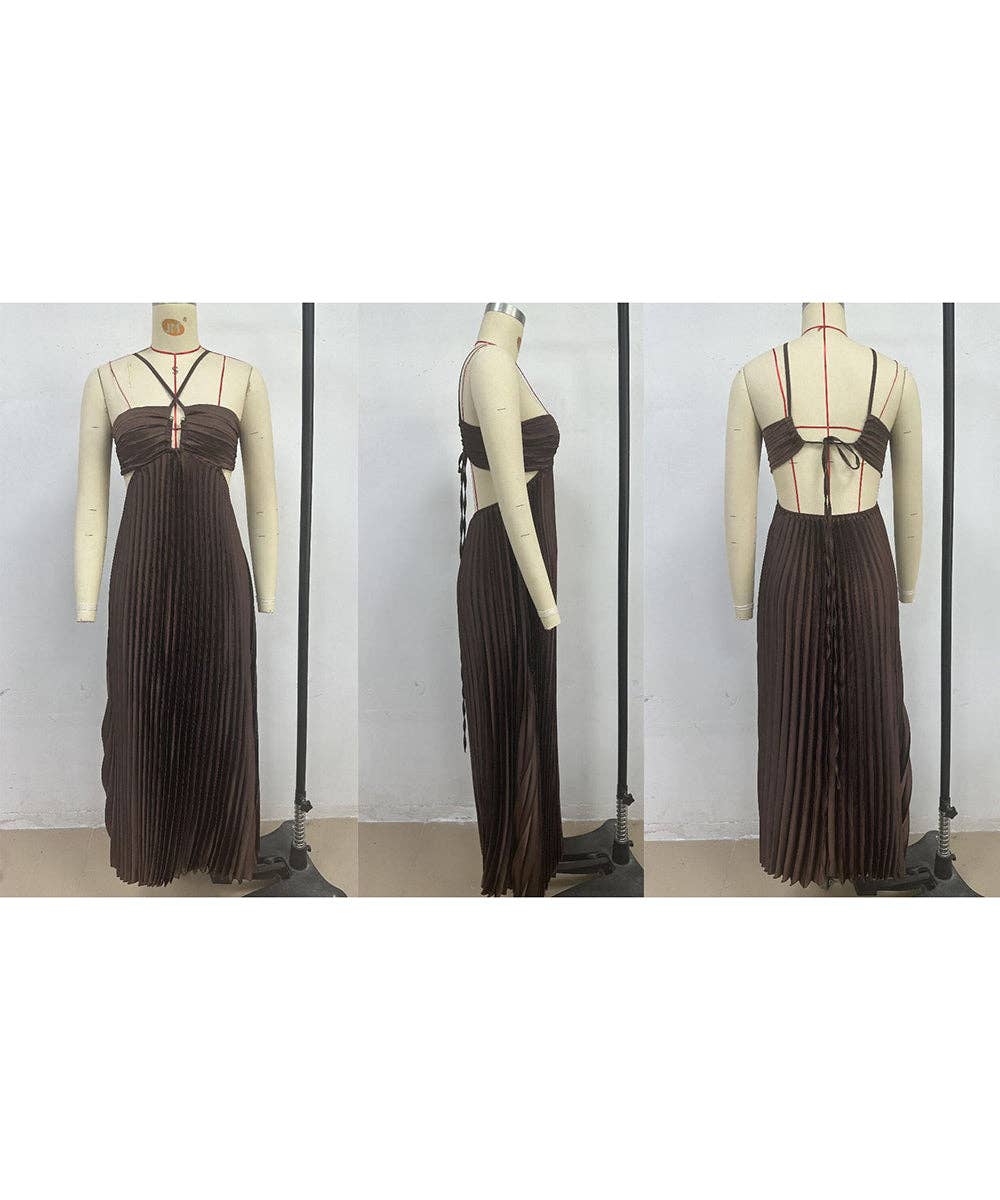 Plunging Halter Pleated Maxi Dress: Yellow / XL
