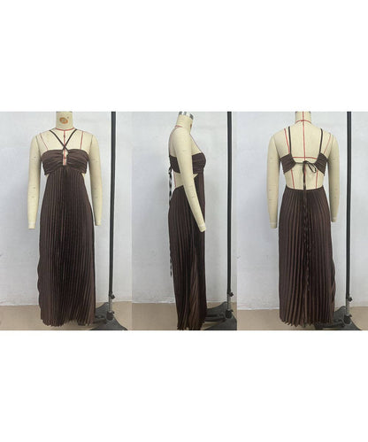 Plunging Halter Pleated Maxi Dress: Yellow / XL