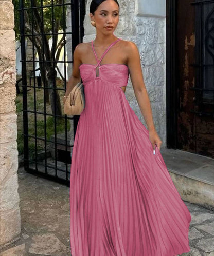 Plunging Halter Pleated Maxi Dress: Yellow / XL