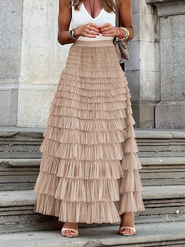 A-Line High Waisted Solid Color Tulle Skirts Bottoms: KHAKI / XL