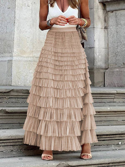 A-Line High Waisted Solid Color Tulle Skirts Bottoms: KHAKI / XL
